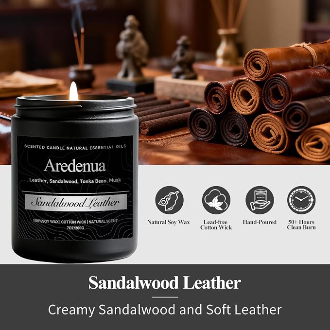 Sandalwood Leather Candle, Manly Candles for Home Scented, Masculine Aromatherapy Gifts for Men - 7oz Soy Candle, 50 Hours Burn Time, Perfect for Relaxing Home Fragrance
