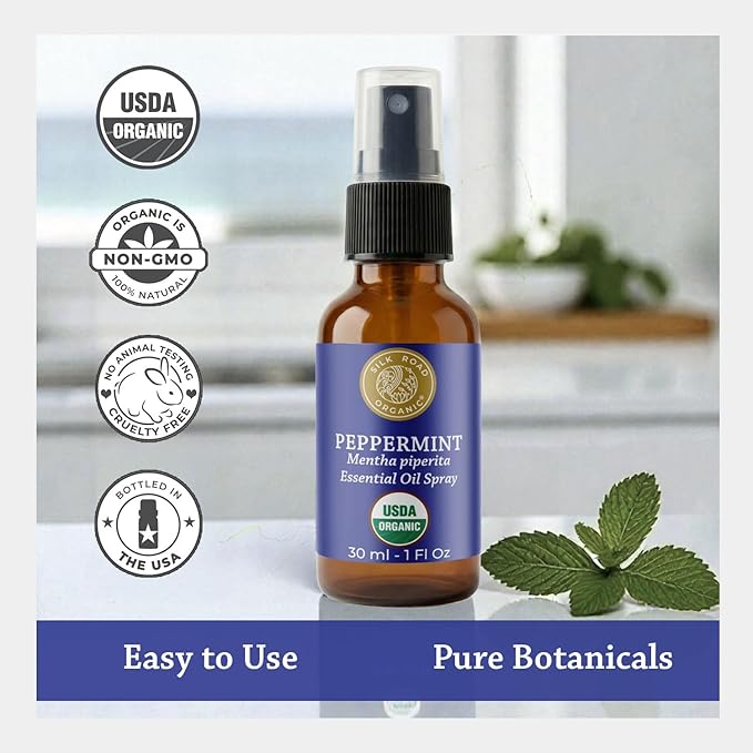 Silk Road Organic Peppermint Essential Oil Spray for Head Tension, Nausea, Morning Sickness, Energy & Focus - 1 oz. USDA Certified Body Spray - Always Pure, Always Organic