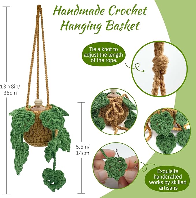 Crochet Car Air Freshener, 15ml Empty Refillable Oil Diffuser Bottle with Hanging Crochet Plant for Car Rearview Mirror Decor, Handmade Home&Office Decor