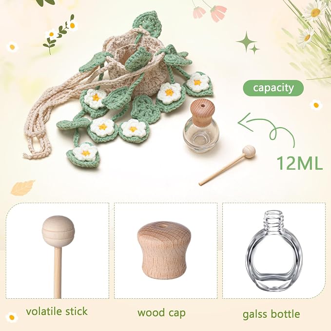 DaisyInner Cute Crochet Plant Car Freshener 12ml Empty Refillable Diffuser Bottle with Plants Hanging Accessories for Ornaments Charms Rearview Mirror Home Office Decor Women Gifts(Daisy)