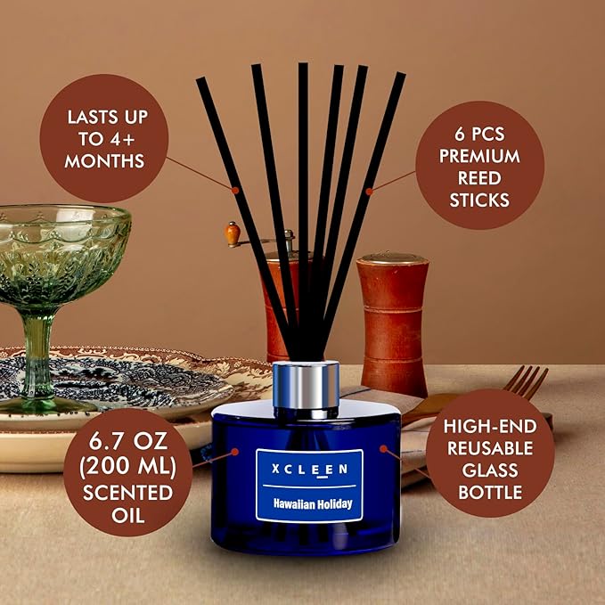 Xcleen Reed Diffuser Set, 6.7 Oz Hawaiian Holiday Scented Reed Diffuser, Home Fragrance Oil Diffuser with Sticks, Great Air Fresheners for Bathroom