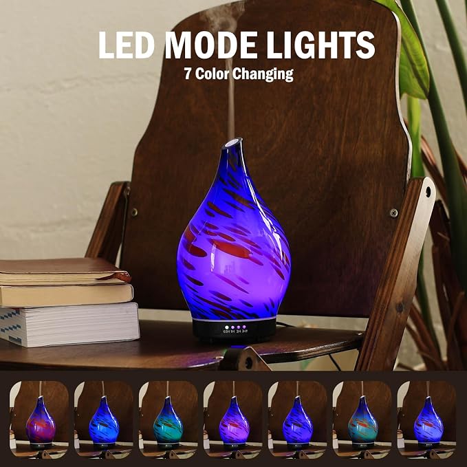 Porseme 150ml Essential Oil Diffuser Hand-Blown Glass Aroma Diffusor, Aromatherapy Unltrasonic Cool Mist deffuser, 7 Color Changing, Waterless Shut-Off, Timer Function for Home Office(Cobalt Blue)