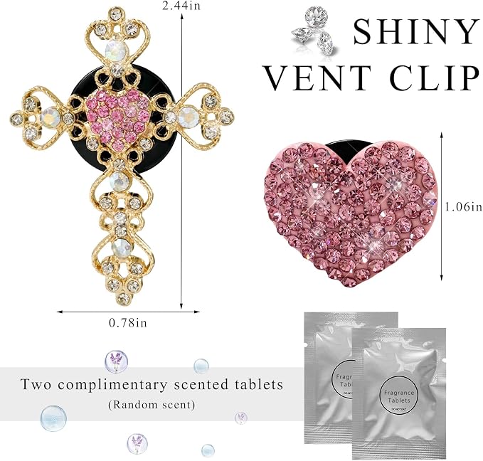 2 PCS Bling Car Vent Clip, Crystal Rhinestone Cross and Heart Car Air Fresheners Vent Clips, Diamond Car Air Conditioner Outlet Decoration Charm for Women, Car Accessories (Pink)