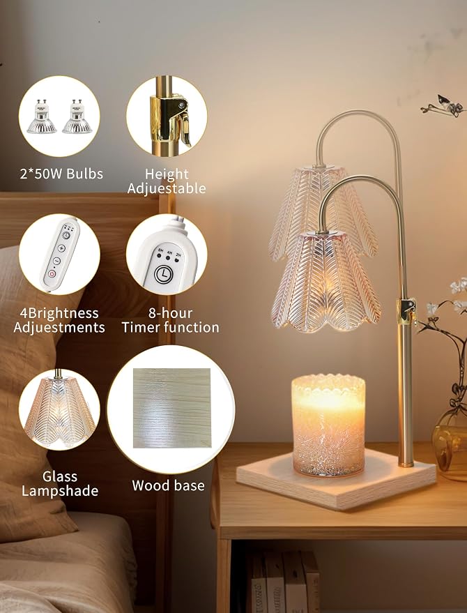 Candle Warmer Lamp with Timer & Dimmer, 2 Bulbs, Height Adjustable, Fit All Size Jar Scented Candles, Safe Aromatherapy Light for Sleep, Work, Yoga, Bedroom, Office, Gift (Amber)