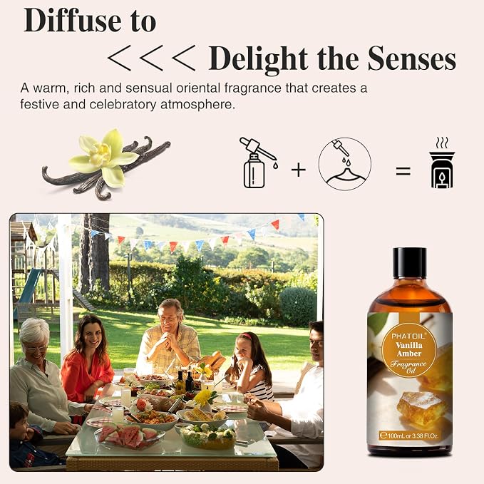 PHATOIL 3.38FL.OZ Vanilla Amber Fragrance Oils for Aromatherapy, Essential Oils for Diffusers for Home, Perfect for Diffuser, Yoga, Skin Care, DIY Candle and Soap Making - 100ml