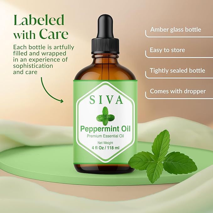 Siva Peppermint Essential Oil 4 Fl Oz – for Diffuser, Skin & Hair Care – Ideal for Aroma, Massage & DIY Blends- with Dropper