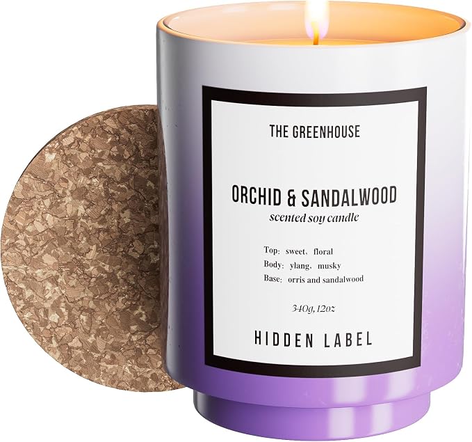Hidden Label Orchid & Sandalwood Candle, 12oz Natural Soy Wax Non Toxic, 75H Long Lasting Aromatherapy Candle, Essential Oil Jar Candles for Home Scented, Pretty Stress Relief Meditation Gift for Her