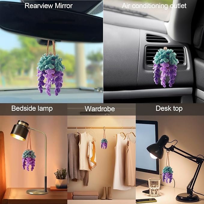 Crochet Car Air Freshener, Empty Refillable Oil Diffuser Bottle with Hanging Crochet Plant for Car Rearview Mirror Decor, Handmade Home and Office Decor (Violet)