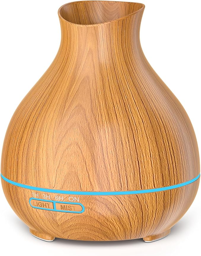 Aromatherapy Essential Oil Diffuser 550ml 12 Hours Wood Grain Aroma Diffuser with Timer Cool Mist Humidifier for Large Room, Home, Baby Bedroom, Waterless Auto Shut-off,7 Colors Lights Changing