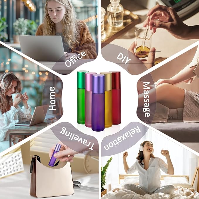 Kesell 10 Pack - 5 Color 10ml Frosted Glass Roller Bottles Roll On Bottles with Stainless Steel Ball for Essential Oils, Aromatherapy, Perfume Containers