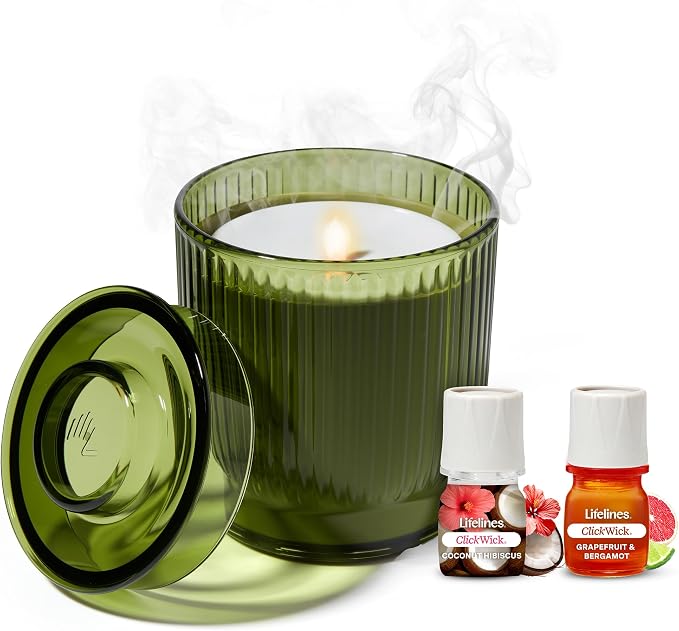 Lifelines Flameless Candle Aromatherapy Essential Oil Diffuser with 2 ClickWick Essential Oil Blends - Cordless & Waterless Diffuser for Home - Scented Electric Candles Blow Out Flame - Olive Jar