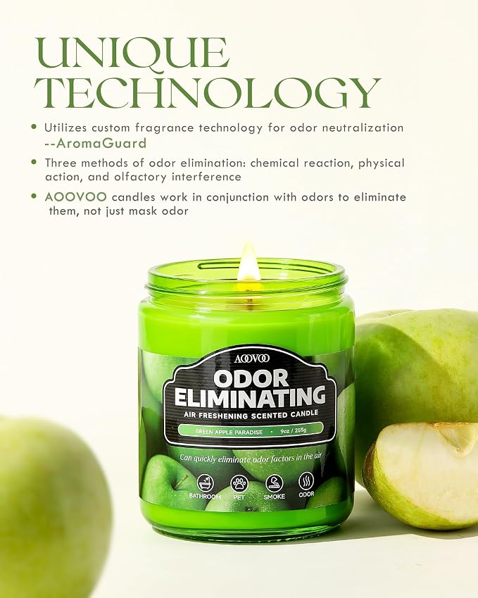 AOOVOO 4 Pack Green Apple Odor Eliminating Highly Fragranced Candle - Eliminates 95% of Pet, Smoke, Food, and Other Smells Quickly, Non Toxic Air Freshing Soy Candle