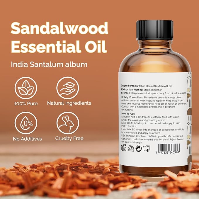GM Gumili Sandalwood Essential Oil 4 Oz, 100% Pure Sandalwood Oil for Diffuser, Skin, Hair, Body & Face, Perfume Base Note for Men & Women, Aromatherapy & Massage