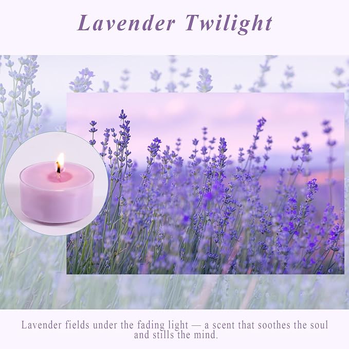 Scented Tea Lights Candles, Lavender Twilight, 8 Pack – Purple Scented Tealight Candles – 100% Palm Wax, 6 Hour Burn Aromatherapy Tea Light Votive Candle for Relaxation, Spa, Yoga, Home Decor