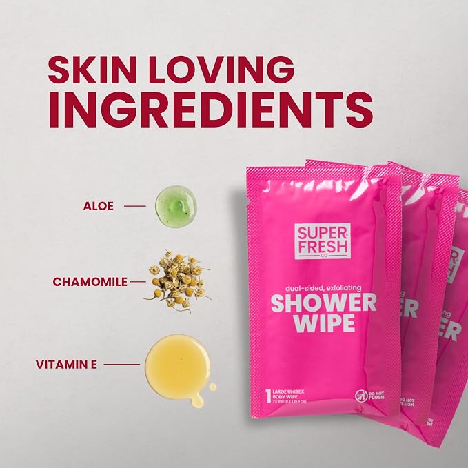 Super Fresh Shower Body Wipes, Travel Essentials for Camping, Large Rosewater Wipes for Adults, Women, Men, Kids Personal Hygiene Cloth Enriched with Aloe and Vitamin E, Individually Wrapped 20Pack