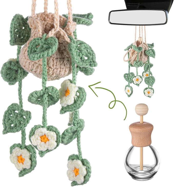 DaisyInner Cute Crochet Plant Car Freshener 12ml Empty Refillable Diffuser Bottle with Plants Hanging Accessories for Ornaments Charms Rearview Mirror Home Office Decor Women Gifts(Daisy)