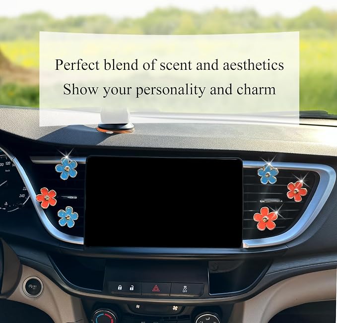 ORIESSE Flower Car Accessories,6pcs Daisy Car Air Freshener Vent Clips,3.3cm/3cm Blue Orange Flowers Decor,Refillable Diffusers for Women