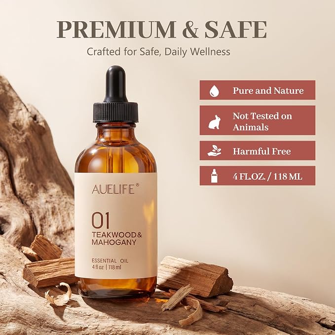 Teakwood & Mahogany Essential Oil, Fragrance Oil for Diffusers & Candle Making, 118ml (4 fl oz) Large Bottle, Long Lasting Wood Scent Oil for Home Fragrance, Soap & DIY