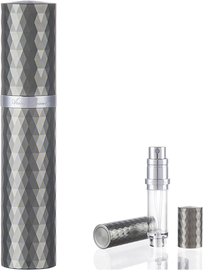 Travel Perfume Refillable Empty Atomizer 5ml. Pocket Recyclable Portable Sprayer Bottle Pump Dispenser Perfume Cosmetic Container for Men and Women. Fashion Diamond Surface Design (GREY)