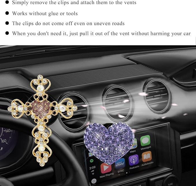 2 PCS Bling Car Vent Clip, Crystal Rhinestone Cross and Heart Car Air Fresheners Vent Clips, Diamond Car Air Conditioner Outlet Decoration Charm for Women, Car Accessories (Purple)