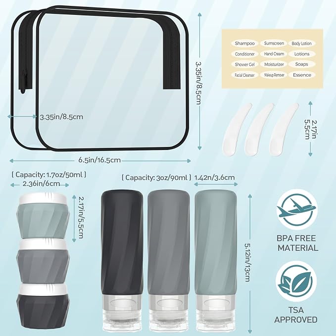 6Pcs Travel Bottles for Toiletries, TSA Approved Travel Size Toiletries Containers Set, BPA-FREE Silicone Leak Proof Refillable Bottles and Jars, Women & Men Airplane Cruise Essentials Kit