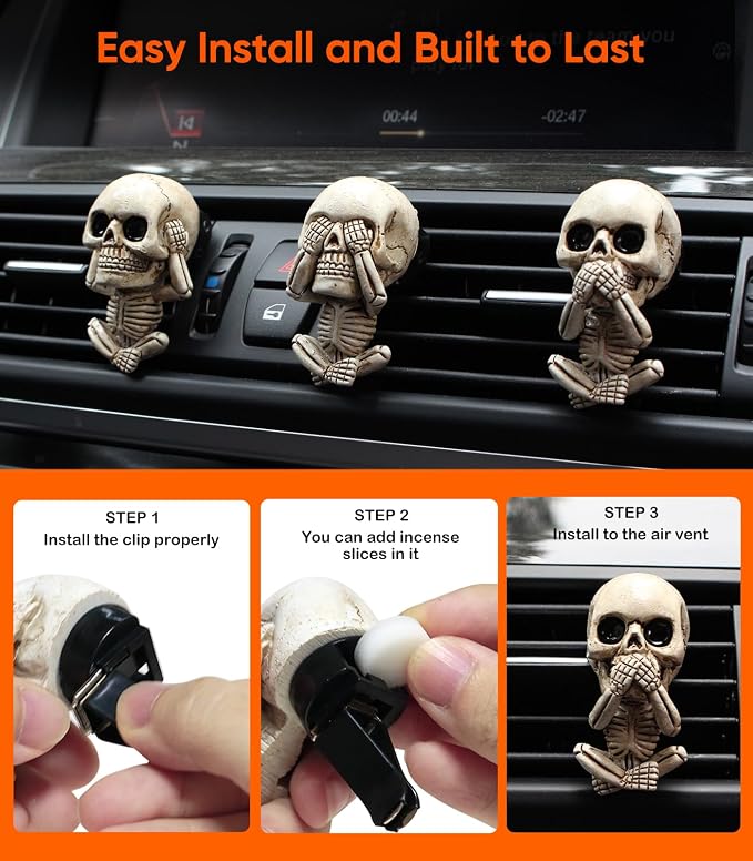 Skull Decor Car Air Freshener Vent Clips, Goth Decor Interior, Gothic Funny Decoration Halloween Horror Skeleton Car Accessories, Skull Stuff Spooky Gifts for Men Women Teens