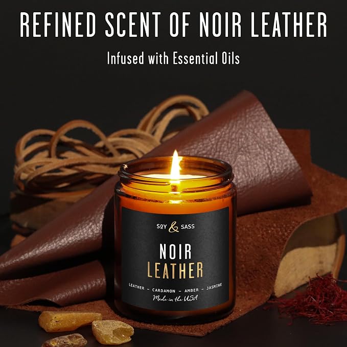 Noir Leather Candle I Scented Black Candles for Men or Women - Leather, Cardamon & Jasmine Soy Wax Mens Candle - Essential Oil Infused I Gifts for Men I Long 50Hr Burn, 9oz I Made in USA