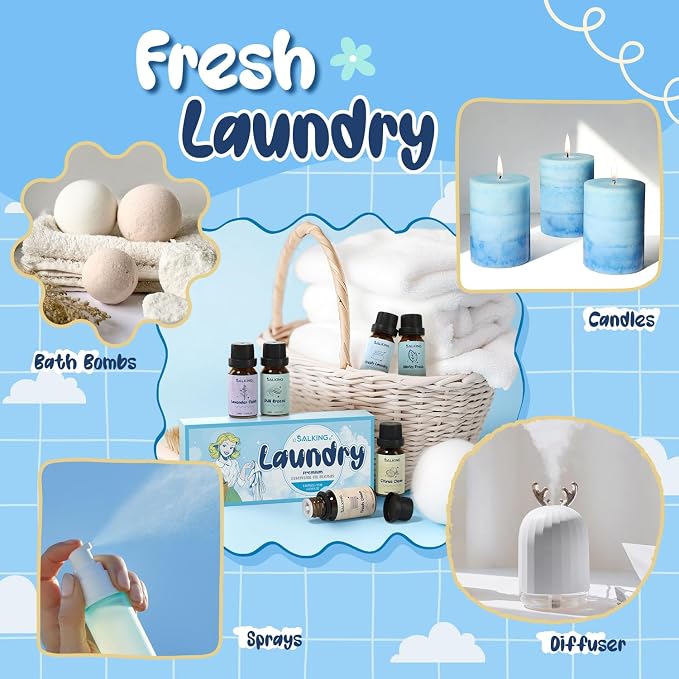 SALKING Laundry Fragrance Oils, Premium Essential Oil for Diffuser, Scented Oil Gift Set for Soap Candle Making - Citrus Clean, Fresh Laundry, Fresh Linen, Lavender Fields, Still Breeze, Minty Fresh