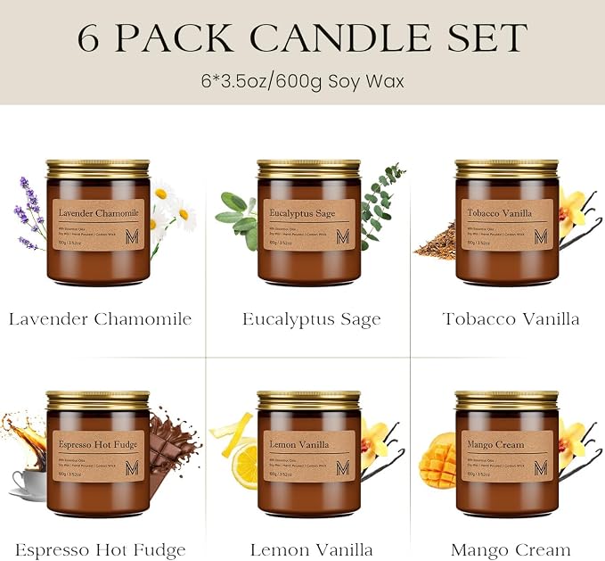 M&SENSE 6 Pack Candle Gift Set, Aromatherapy Scented Candle for Home Fragrance, Natural Soy Wax Candles for Stress Relief, Yoga, Long Lasting Small Jar Candle Gift Set for Birthday Housewarming