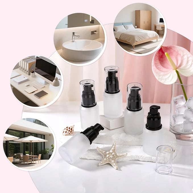 Segbeauty 1oz Frosted Glass Travel Size Bottles for Lotion, 5pcs Matte Translucent Empty Essential Oil Bottle, 30ml Travel Containers Refillable Cream Pump Bottle, Toiletry Bottles for Liquids