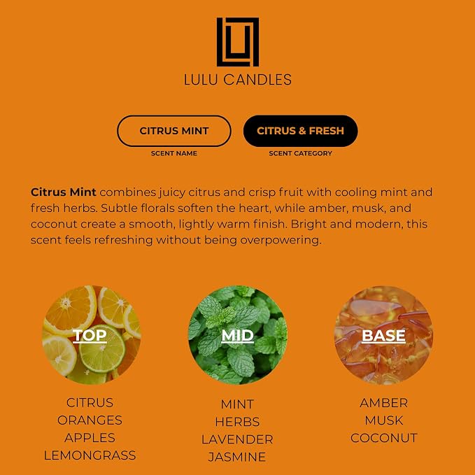 Lulu Candles | Citrus Mint | Smells Fresh & Citrusy | Luxury Scented Soy Jar Candle | Hand Poured in The USA | Highly Scented Long Lasting (9 Oz.)