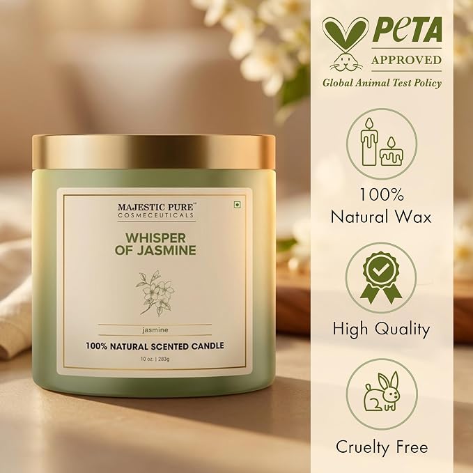 Majestic Pure Candle Jasmine, Natural Scented Candle, 10oz Large Jar with up to 45+ Hours Burn, Giftable