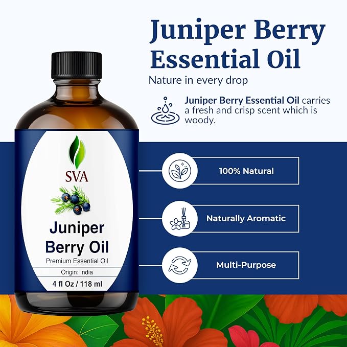 SVA Juniper Berry Essential Oil – 4 Fl Oz – 100% Natural Juniper Oil - for Diffuser, Hair Care, Face, Skin Care, Aromatherapy, Scalp and Body Massage, Soap and Candle Making – with Dropper