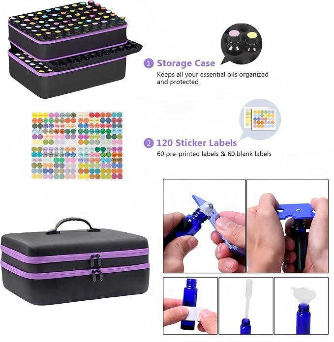 204 Slots Essential Oil Organizer Case, Hard Shell Storage Box for 1ml-15ml Bottles, Extra Large Double Layer Portable Travel Bag for Aromatherapy Vials & Peptides, Black with Purple