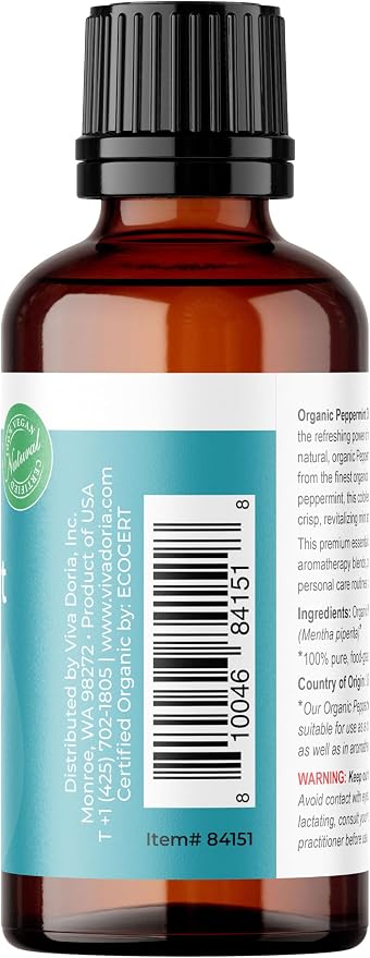 Viva Doria Peppermint Essential Oil, USDA Certified, Organic Peppermint Oil, 100% Pure, Natural Essential Oil, Undiluted, for Aromatherapy | Food Grade, 30 mL (1 Fluid Ounce)