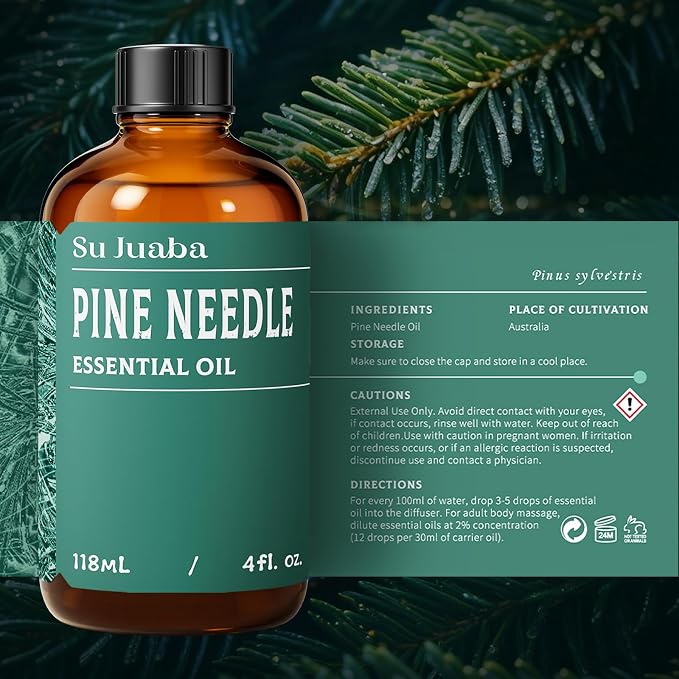 SU JUABA 4 Fl Oz Pine Needle Essential Oil, Aromatherapy Oil for Diffuser, Skin, Hair, Candle & Soap Making - 118ML