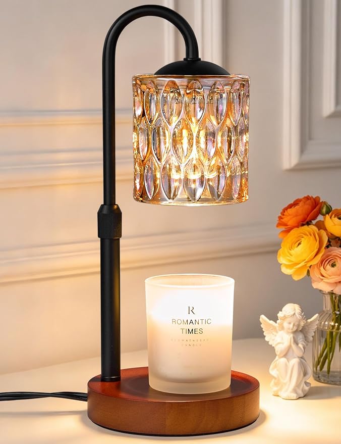 Briever Dimmable Candle Warmer Lamp with Timer, Height Adjustable Electric Candle Wax Warmer, Birthday Gifts for Women Mom, House Warming Gifts New Home Decor, Solid Wood Base, Walnut Champagne