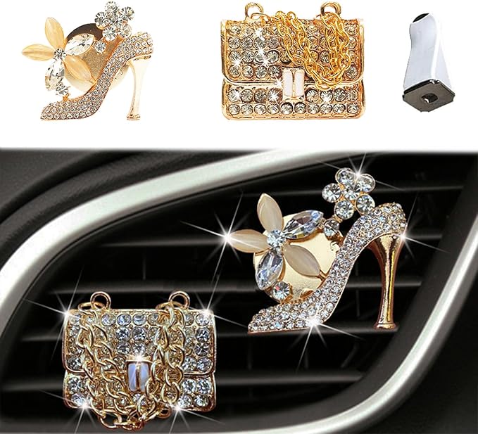 Car Decor Fresheners For Women Bling Car Accessories Air Outlet Decoration Bling For Women Aromatherapy Air Vent Clip Charm, air freshener High Heel Bag,Gold
