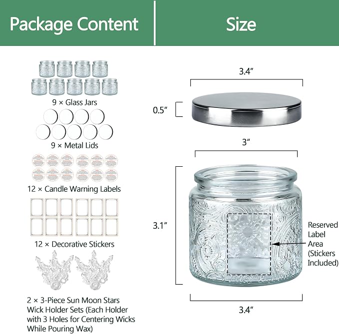10 oz Clear Sun Moon Stars Candle Jars with Metal Lids, 9 Pack | Patented Embossed Design, Includes Wick Centering Devices & Warning Labels, Multiple Color Options