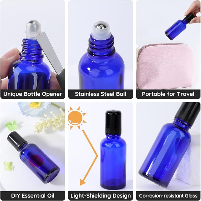 Segbeauty 1oz Glass Essential Oil Roller Bottles Rollerball Applicator, 5pcs 30ml Roll On Bottles, Refillable Anointing Oil Bottle, Blue Perfume Bottle Empty, Travel Size Containers for Oils Liquids