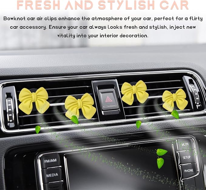 KVAEY 9 PCS Pink Bow Car Air Freshener, Automotive Cute Pink Bow Air Outlet Clips with Scent Pieces, Universal Coquette Car Air Vent Diffuser for Women and Girls (Yellow)