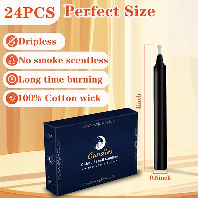 Kunrsug 24 Pack Black Spell Chime Candles – Premium Mini Unscented Taper Candles for Rituals, Prayer, Birthdays, Meditation, Altar, Spells, Chime Candles - 4 Inch Tall - Ideal for Witches
