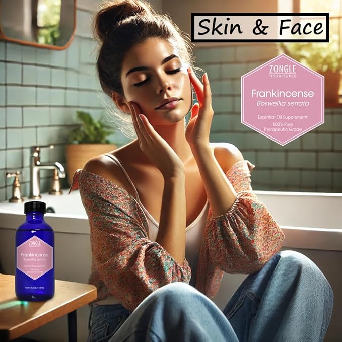 Frankincense Essential Oil, Food Grade, for Face, Dark Circles – 100% Pure, Frankincense, Resin, Oil, Boswellia Serrata, Edible, by Zongle Therapeutics, 4 OZ