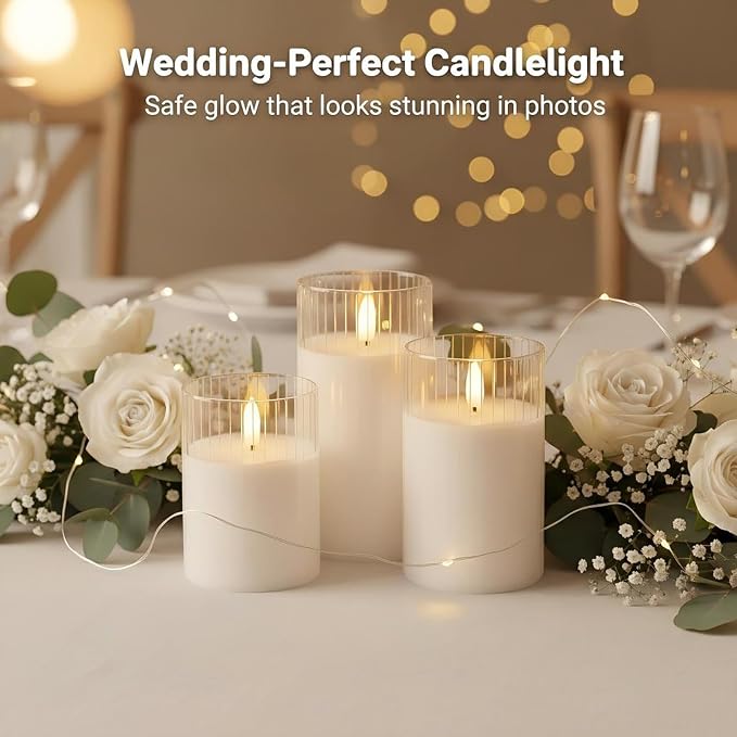 ANGELLOONG White Flameless Candles with Timer, Glass LED Pillar Candle with Remote, Set of 3 Battery Operated Candles for Bathtub Bathroom Coffee Table Decor