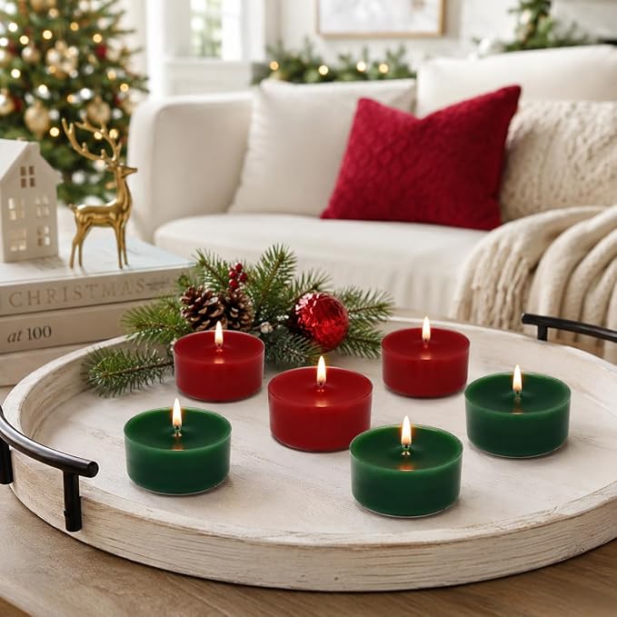 Red & Green Tea Lights Set of 24, Apple Cedar Scented Tealight Candles, Handmade Tea Candles, Long Burning Tealights for Romantic Wedding Home Decor Gift