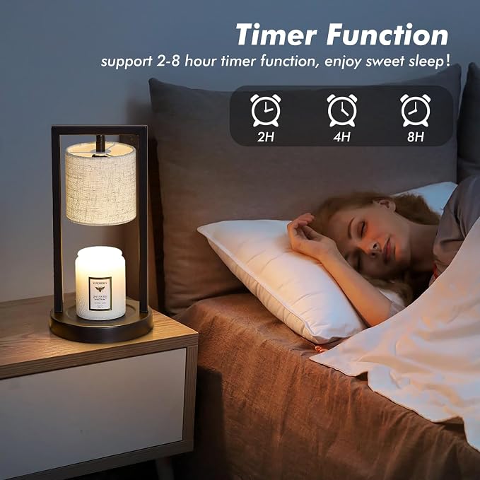 Candle Warmer Lamp with Timer, Black Candle Lamps Linen Fabric Shade, 3-Level Dimmable Candle Warming Wax Melt Warmer for Scented Wax, 50W Electric Warmer Lamp for Women Home Decor (2 Bulbs Included)