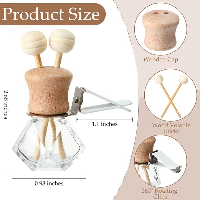 Zubebe 60 Pack 8 ml Diamond Essential Oil Diffuser Bottle Bulk Car Air Freshener Vent Clip Auto Perfume Vent Diffuser for Aromatherapy Fragrance Ornament Decor, Glass Bottle with Wooden Caps Stick