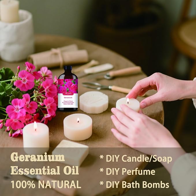 Geranium Essential Oi, Geranium Oil for Skin Care, Diffuser, Humidifier, Massage, DIY Soap, Candle, Yoga, Gift Ready,Geranium Fragrance Oil - MLYNKL Essential Oils (4.33 fl oz / 130ml)