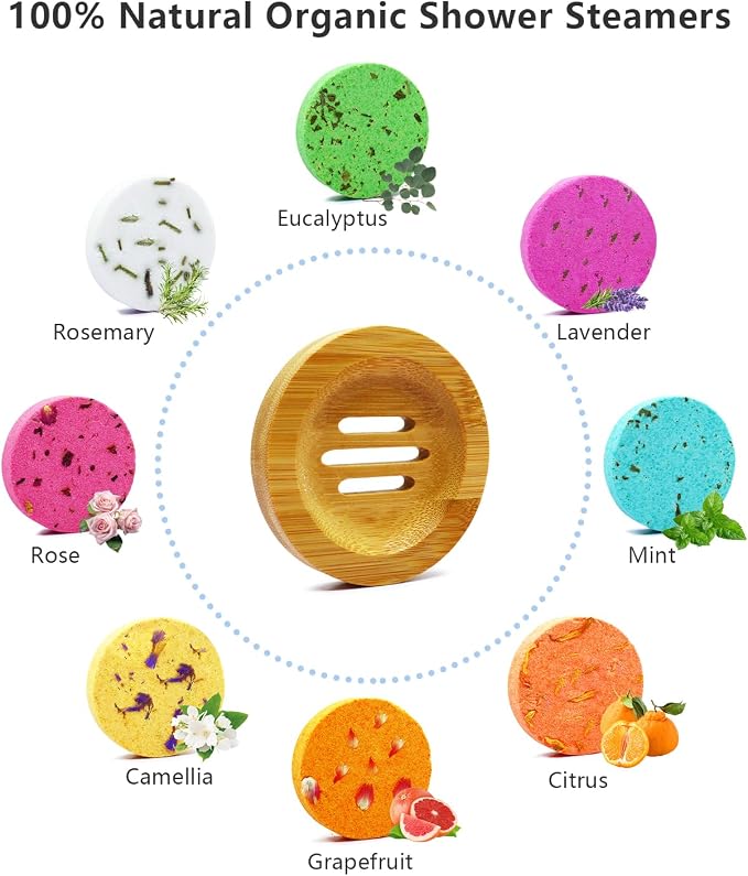 Shower Steamers Aromatherapy - 8 Pack Organic Shower Bombs with Shower Steamer Tray/Holder, Self Care Natural Essential Oil, Stress Relief Shower Bombs, Fathers Spa Gifts for Men, Dad, Husband