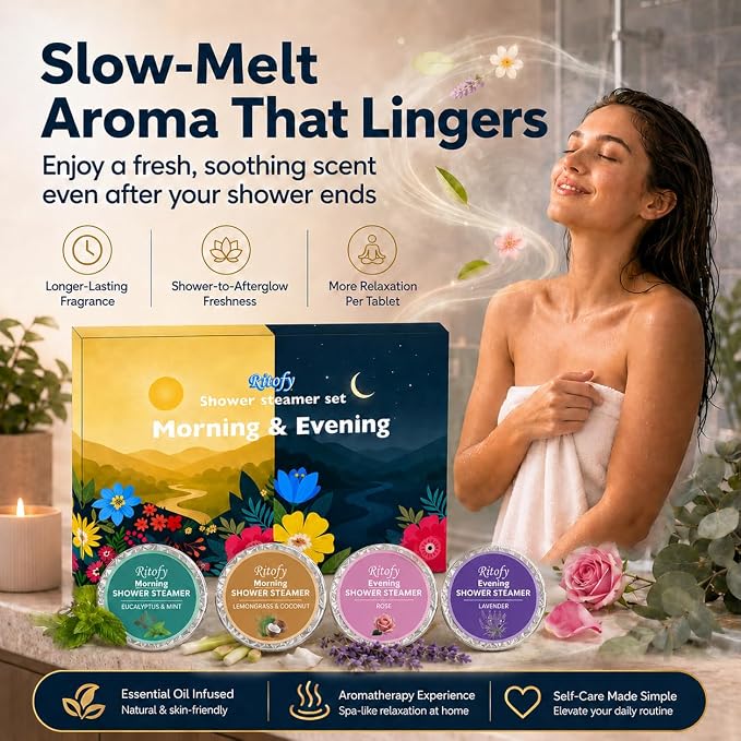12 Tablets Shower Steamers Aromatherapy, Morning Evening Shower Tablets Set, Gift for Women and Men, Self Care Lavender Rose Lemongrass Coconut Eucalyptus Mint